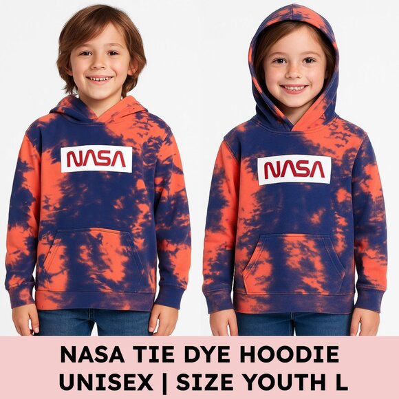 Nasa Other - 🌌 NASA Tie-Dye Fleece Hoodie — Youth L (12–14) — Coral/Navy — Unisex Boys/Girls